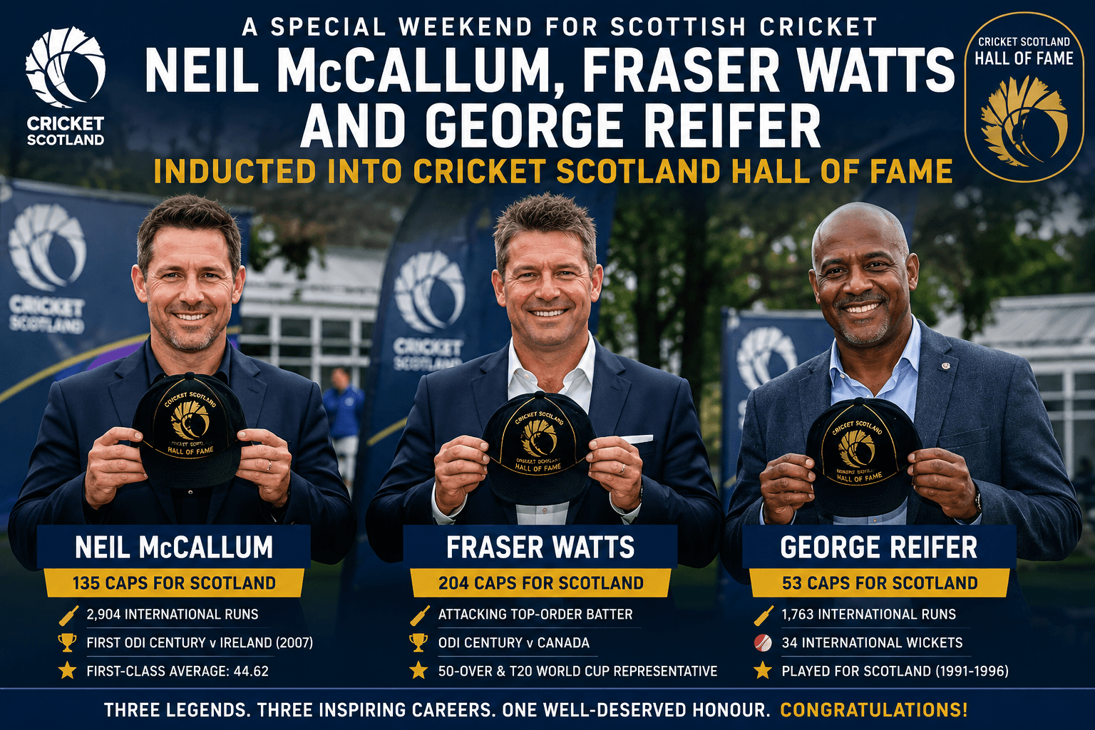 Neil McCallum, Fraser Watts and George Reifer Inducted Into Cricket Scotland Hall of Fame